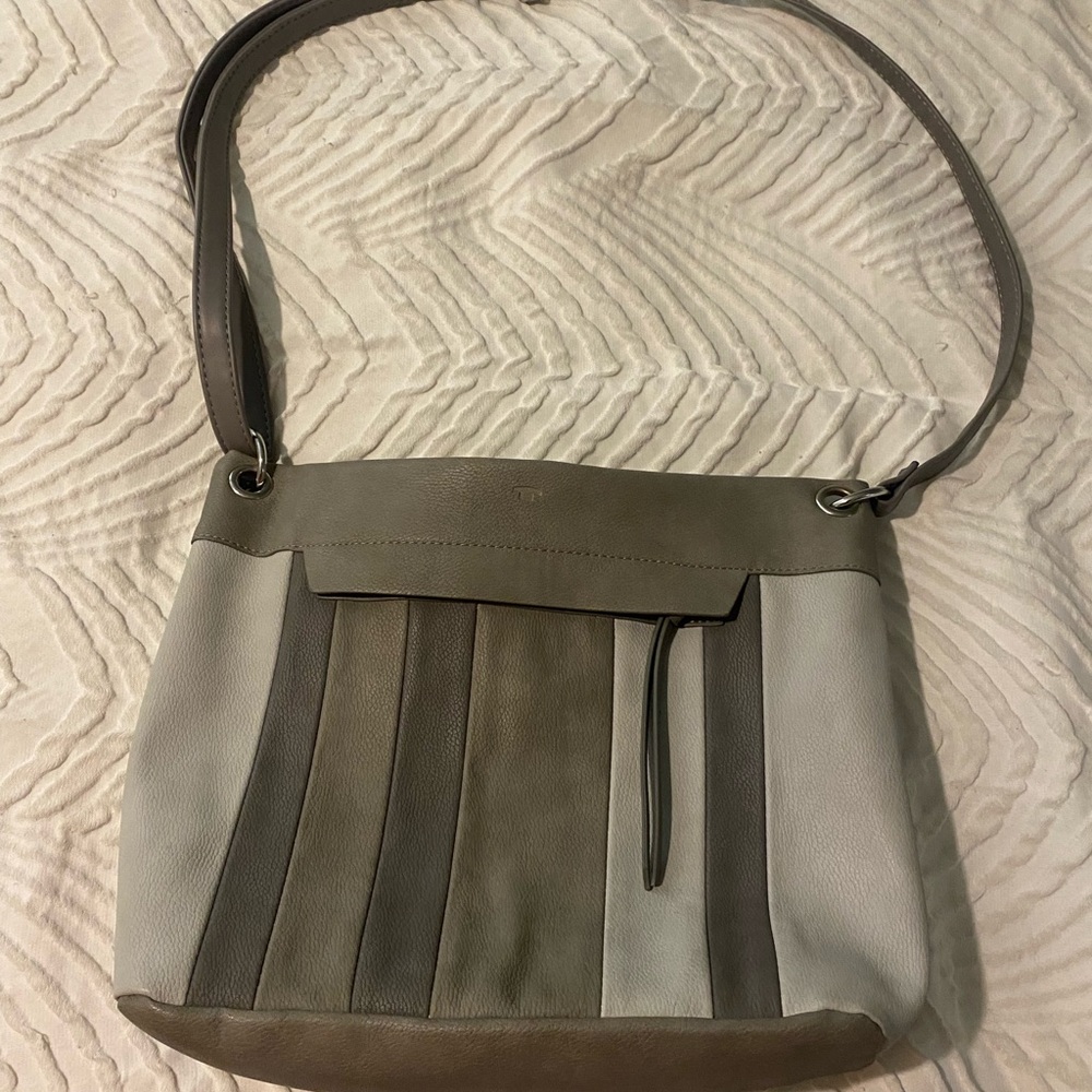 Gray and Brown Crossbody Bag with Adjustable Strap and Striped Design - Picture 1 of 6
